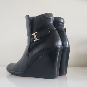 Prada Black Leather Wedge Ankle Boots with Gold Buckle